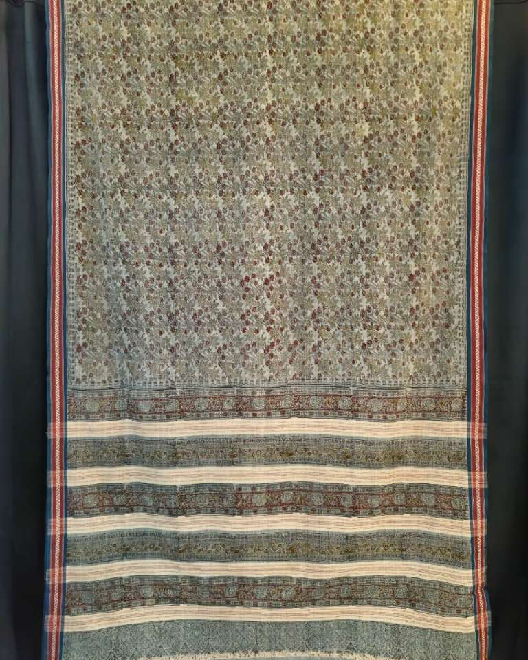 KALAMKARI SAREE : INDIGO : ANAR YELLOW :KATHA BROWN :BLACK