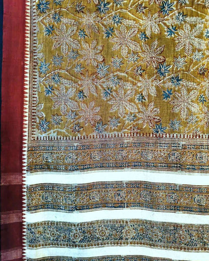 KALAMKARI SAREE : INDIGO : ANAR YELLOW :ALIZARIN RED