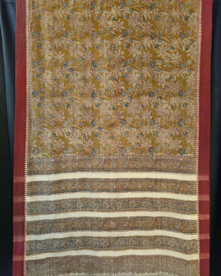 KALAMKARI SAREE : INDIGO : ANAR YELLOW :ALIZARIN RED
