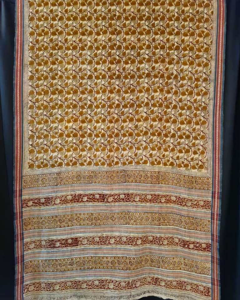 KALAMKARI SAREE : ANAR YELLOW: OLIVE GREEN;KATHA BROWN:BLACK