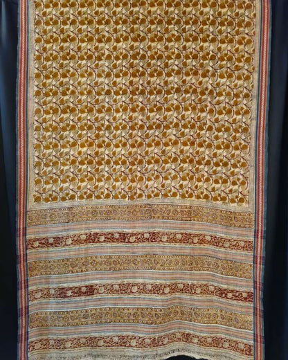 KALAMKARI SAREE : ANAR YELLOW: OLIVE GREEN;KATHA BROWN:BLACK
