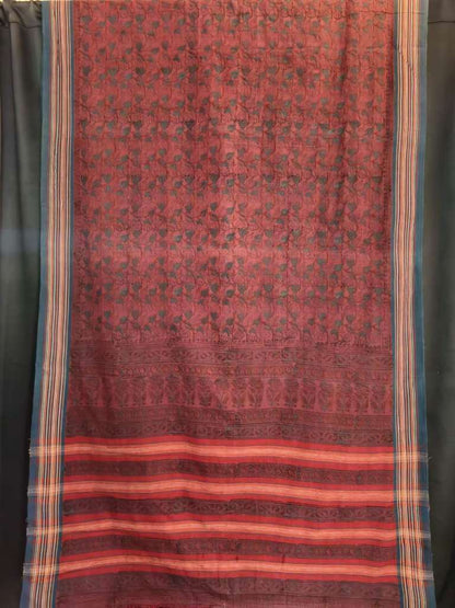 KALAMKARI SAREE :ALIZARIN RED: LIGHT INDIGO