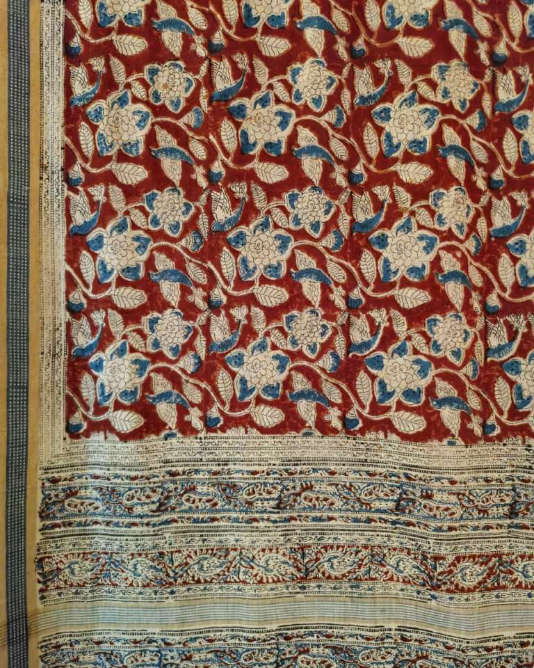 KALAMKARI SAREE :ALIZARIN RED: LIGHT INDIGO : OLIVE GREEN