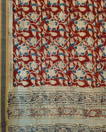 KALAMKARI SAREE :ALIZARIN RED: LIGHT INDIGO : OLIVE GREEN