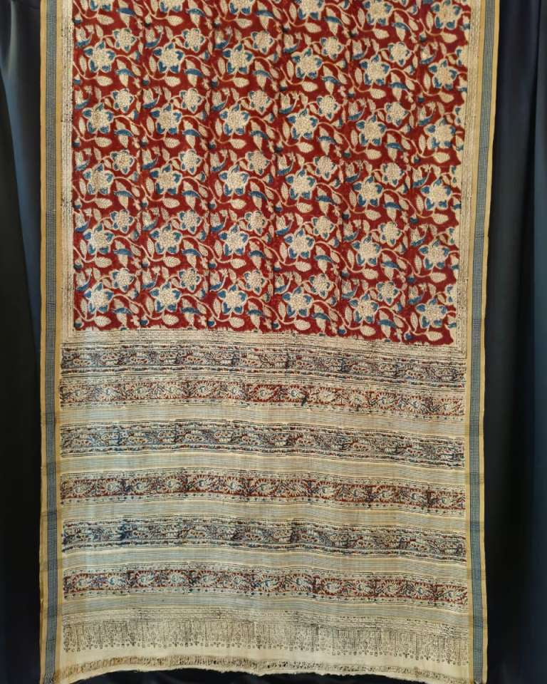 KALAMKARI SAREE :ALIZARIN RED: LIGHT INDIGO : OLIVE GREEN