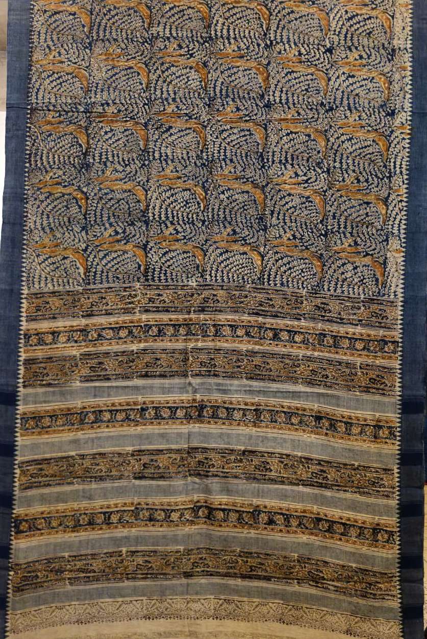 KALAMKARI SAREE : INDIGO :ORANGE