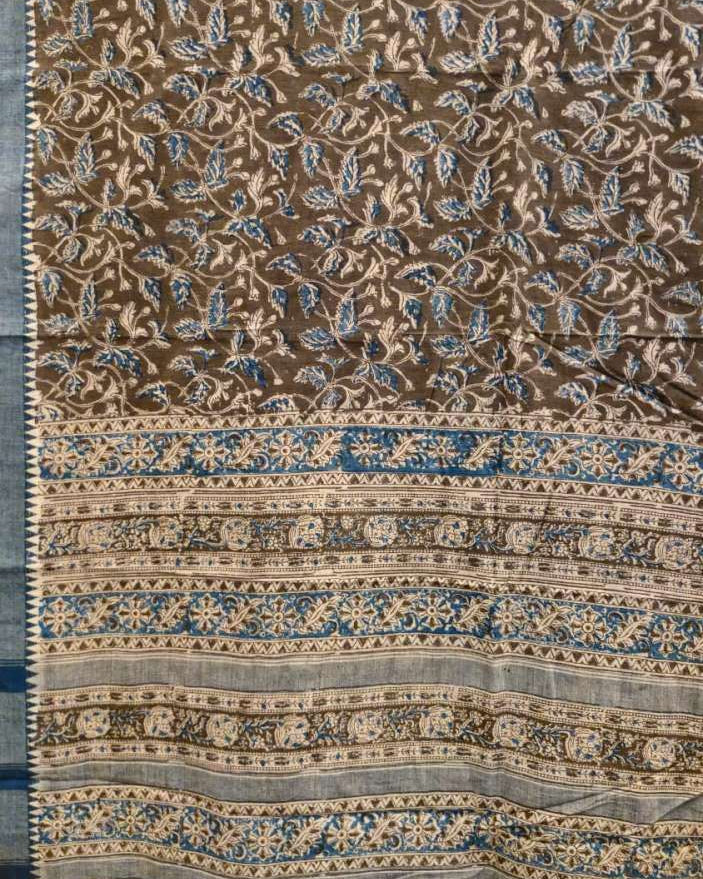 Close-up of a patterned fabric with blue and brown colors