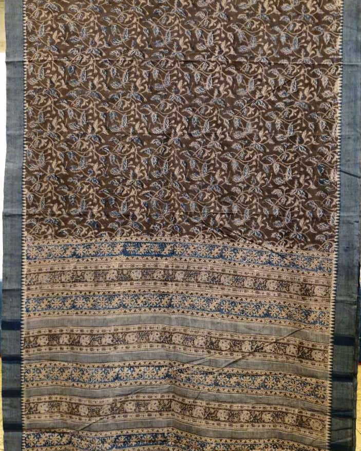 Decorative fabric with intricate patterns in brown and blue on a plain background