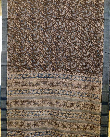 Decorative fabric with intricate patterns in brown and blue on a plain background