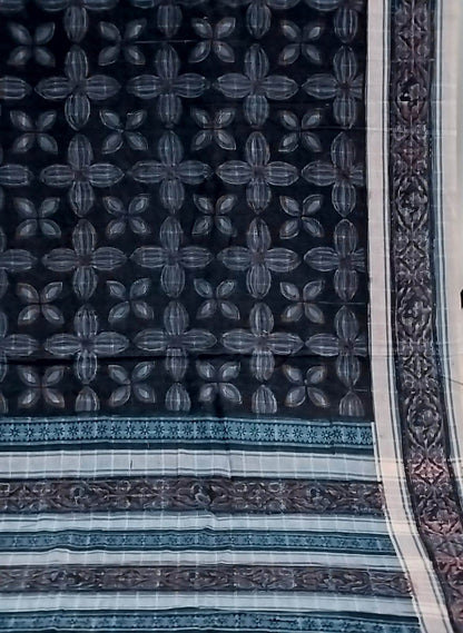 AJRAKH SAREE WITH RUMAL CHECK : INDIGO :  KORA  MADDER : BLACK