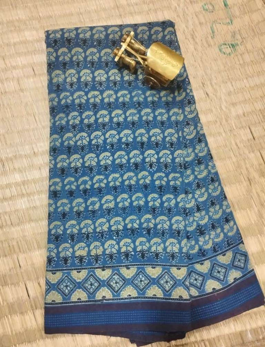 AJRAKH SAREE : DARK INDIGO : ANAR YELLOW