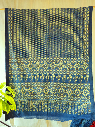 AJRAKH SAREE : DARK INDIGO : ANAR YELLOW