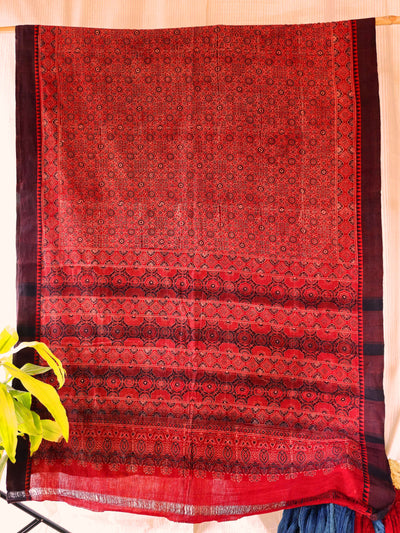 AJRAKH SAREE : ALIZARIN RED : BLACK