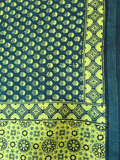 AJRAKH SAREE : INDIGO BLUE : BLACK : ANAR YELLOW