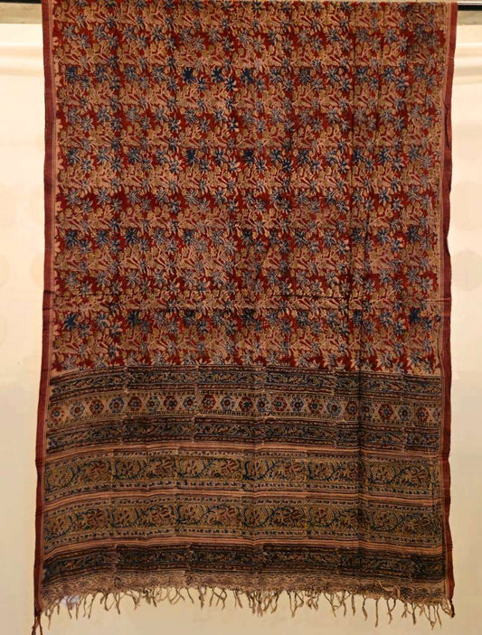 KALAMKARI DUPATTA : KATHA BROWN : BLACK : INDIGO BLUE :ALIZARIN :ANAR YELLOW
