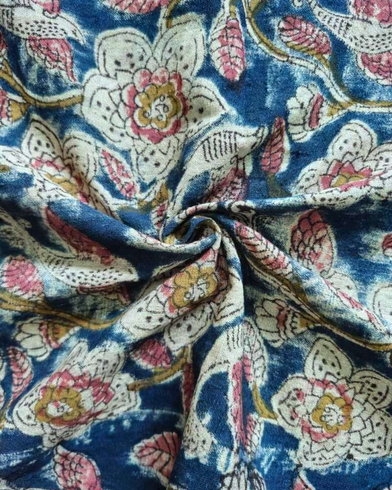 Close-up of floral patterned fabric with blue background