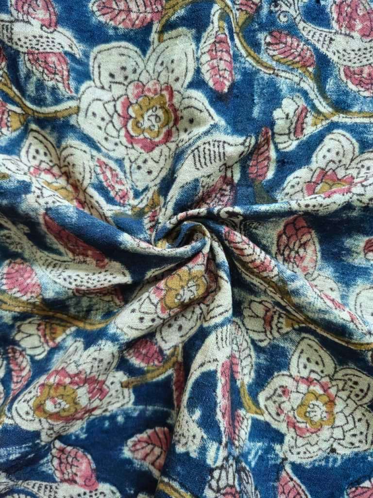 Close-up of floral patterned fabric with blue background
