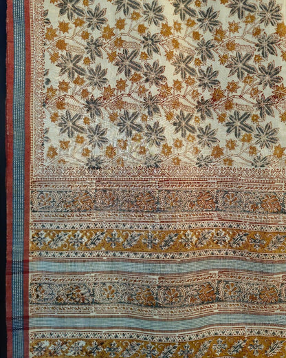 KALAMKARI SAREE : ANAR YELLOW: INDIGO GREEN