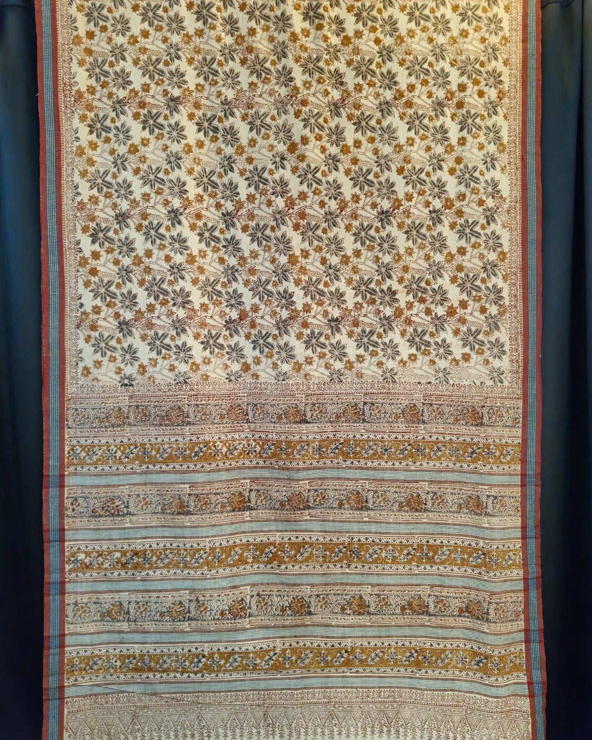 KALAMKARI SAREE : ANAR YELLOW: INDIGO GREEN