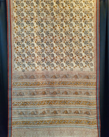 KALAMKARI SAREE : ANAR YELLOW: INDIGO GREEN