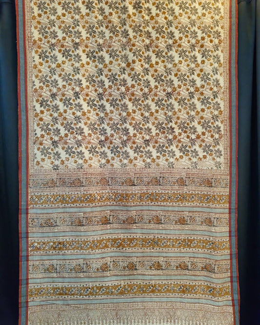 KALAMKARI SAREE : ANAR YELLOW: INDIGO GREEN