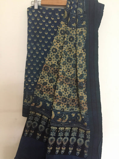 AJRAKH SAREE : DARK INDIGO : BLACK : ANAR YELLOW