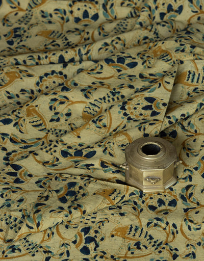 KALAMKARI FABRIC : KORA : DARK INDIGO : ANAR YELLOW