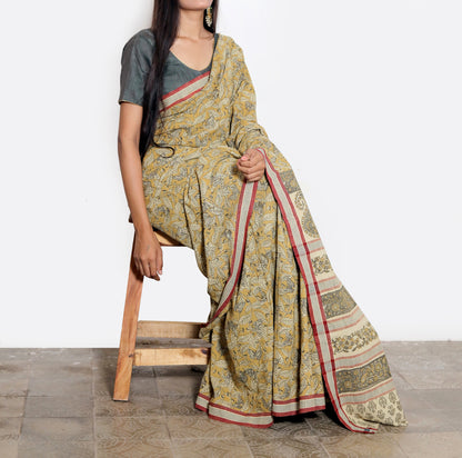 KALAMKARI SAREE : ANAR YELLOW : LIGHT MEHNDI GREEN : KORA