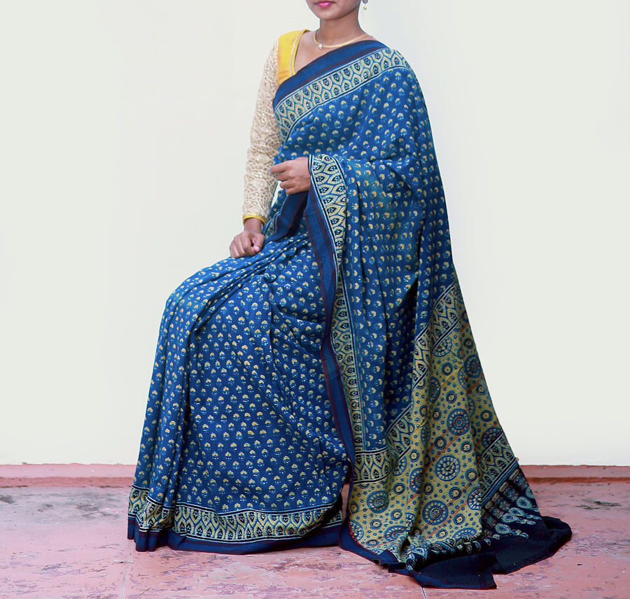 AJRAKH SAREE : DARK INDIGO : BLACK : ANAR YELLOW